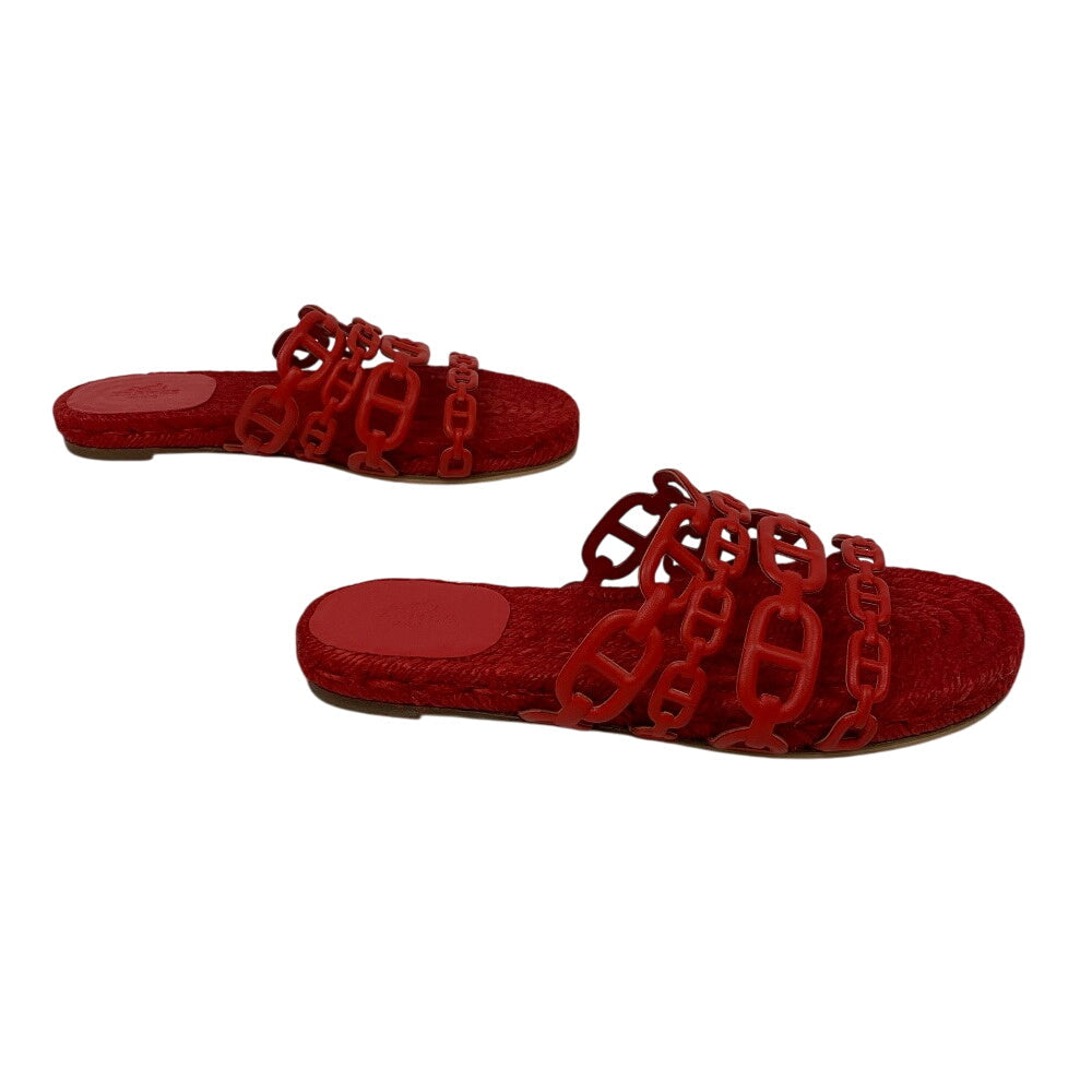 HERMES Sandals leather Red Espadrille Ancone Chene Dunkle Women 34 Used Authentic