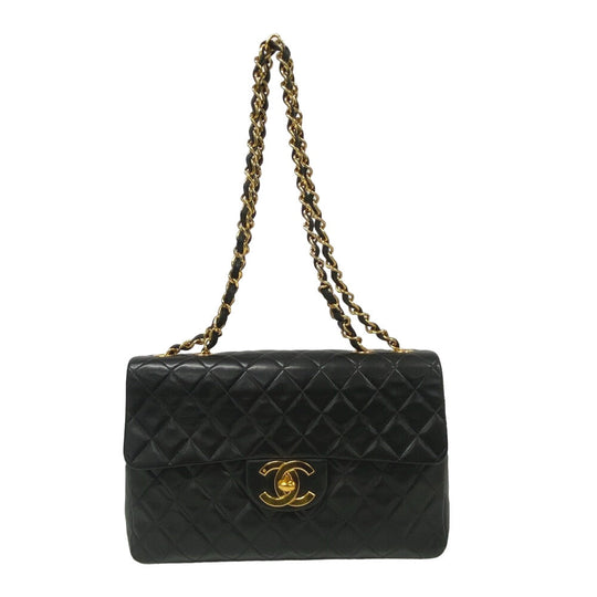 CHANEL Shoulder Bag lambskin black Single flap Double Chain COCO Mark Deca Trasse Women Used Authentic