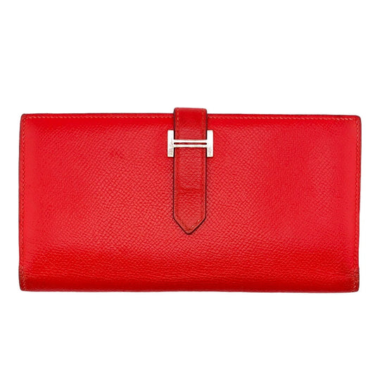HERMES Long Wallet Purse Epsom Red 2016 Beansufla Women Used Authentic