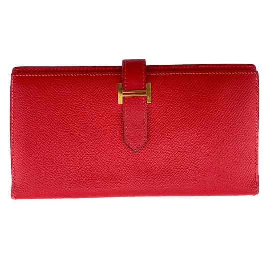 HERMES Long Wallet Purse Epsom Red 2015 Beansufla Women Used Authentic