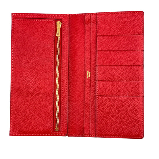 HERMES Long Wallet Purse Epsom Red 2015 Beansufla Women Used Authentic