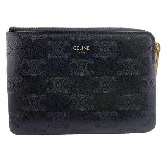 CELINE Coin case leather black Triomphe Women Used Authentic