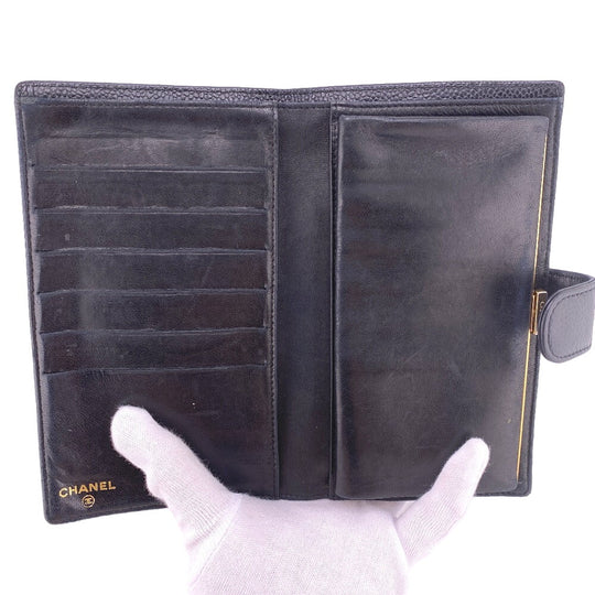 CHANEL Long Wallet Purse Caviar skin black COCO Mark Women Used Authentic