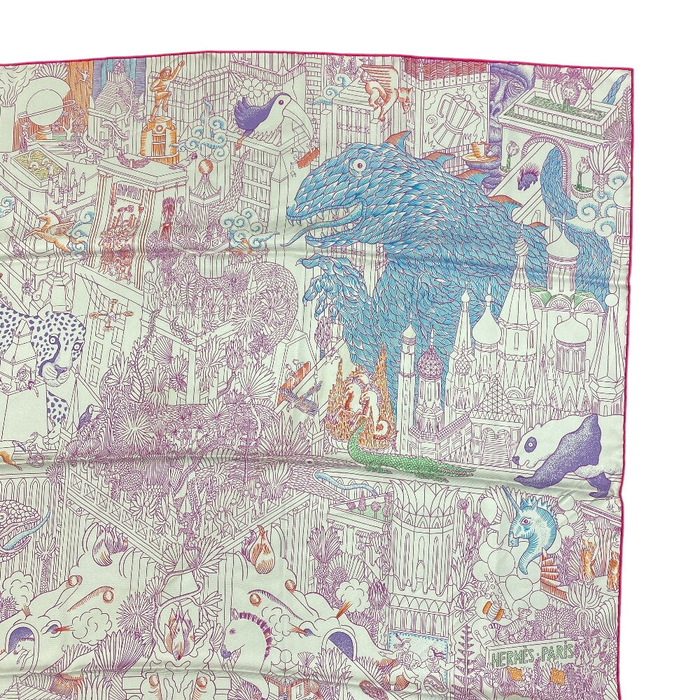 HERMES scarf silk pink Animapolis Animapolis Carre90 Women Used Authentic