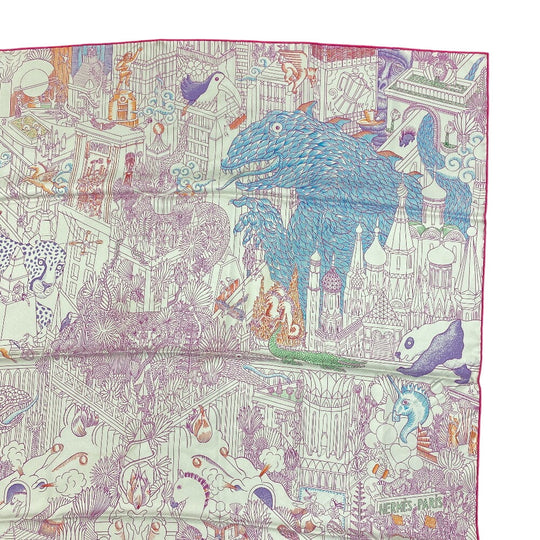 HERMES scarf silk pink Animapolis Animapolis Carre90 Women Used Authentic