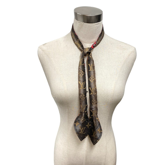 LOUIS VUITTON scarf M76930 silk Brown Monogram Leopard Pattern Twilly Women Used Authentic