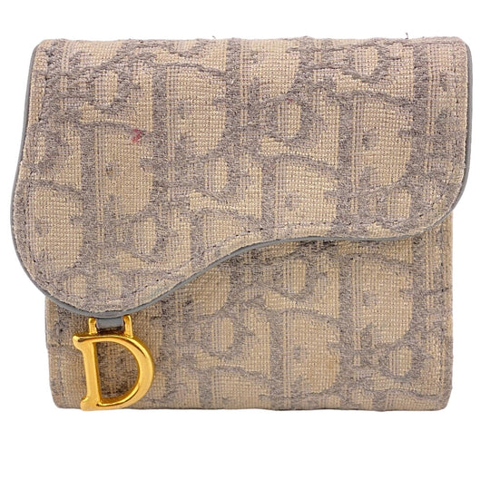 Christian Dior Tri-fold wallet Canvas, Leather gray Compact wallet Oblique Women Used Authentic