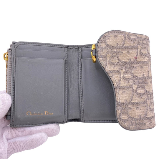 Christian Dior Tri-fold wallet Canvas, Leather gray Compact wallet Oblique Women Used Authentic