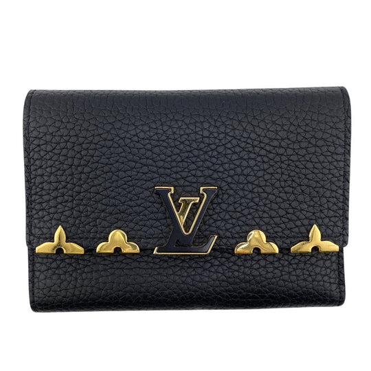 LOUIS VUITTON Tri-fold wallet M82764 leather black Compact wallet Portefeuille Capucines Compact Women Used Authentic
