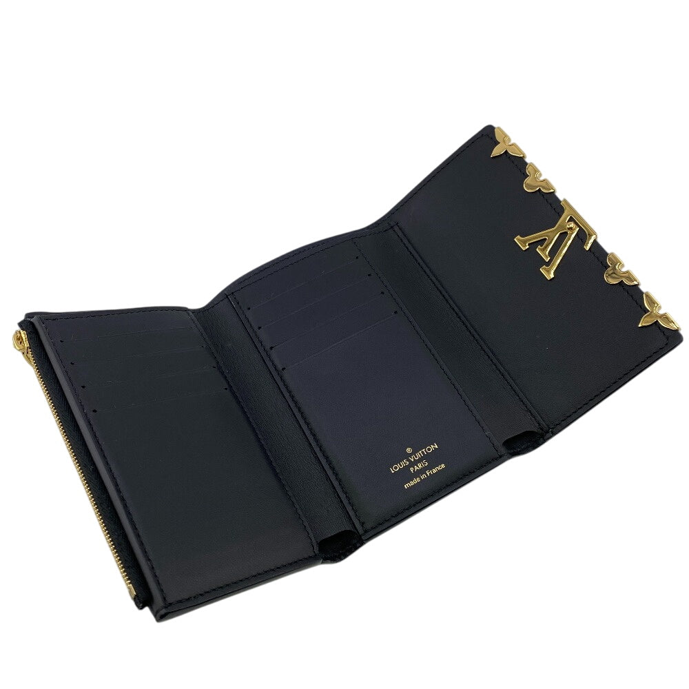 LOUIS VUITTON Tri-fold wallet M82764 leather black Compact wallet Portefeuille Capucines Compact Women Used Authentic