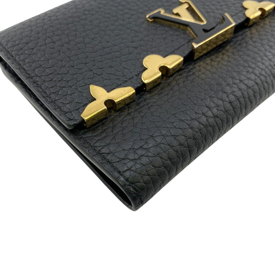 LOUIS VUITTON Tri-fold wallet M82764 leather black Compact wallet Portefeuille Capucines Compact Women Used Authentic