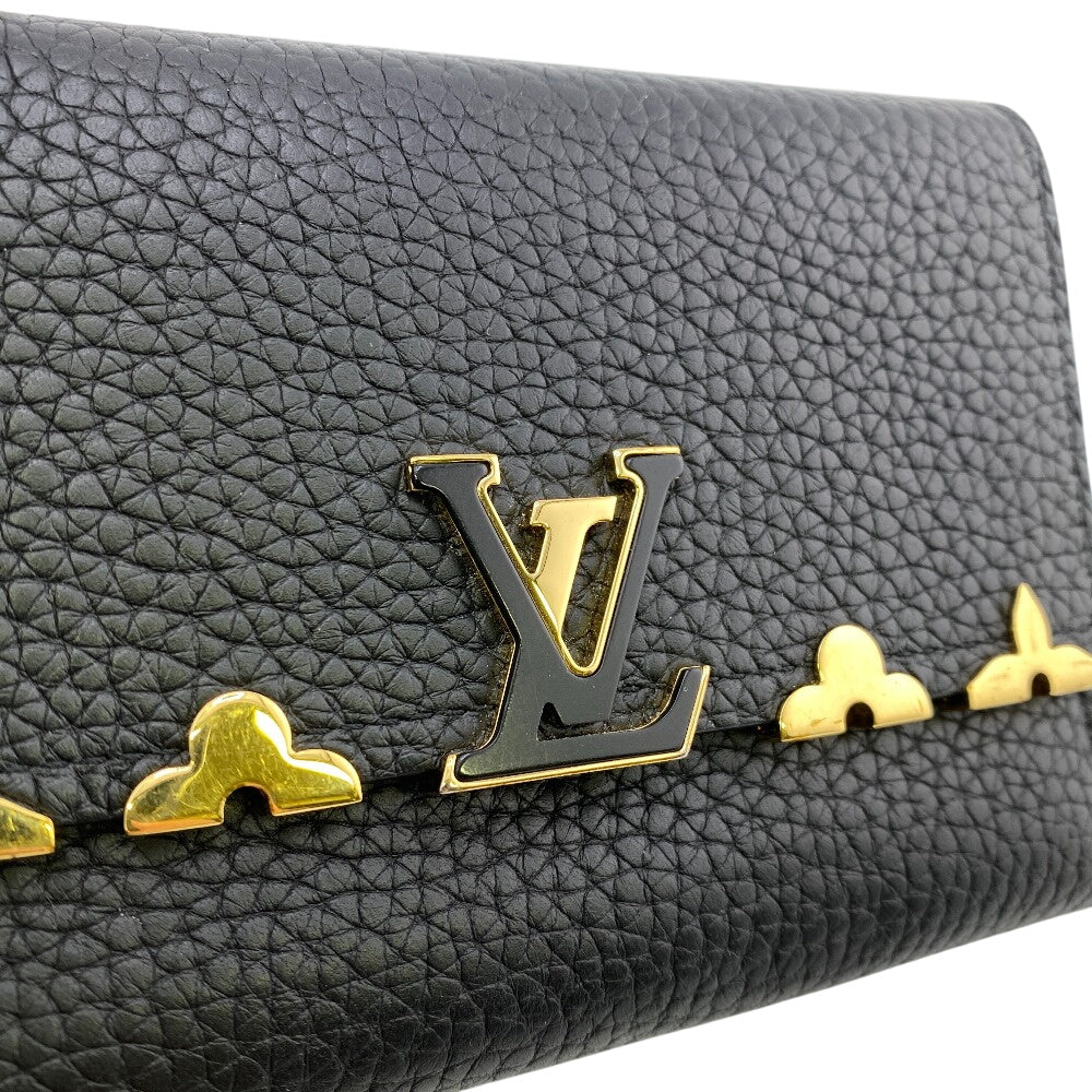 LOUIS VUITTON Tri-fold wallet M82764 leather black Compact wallet Portefeuille Capucines Compact Women Used Authentic