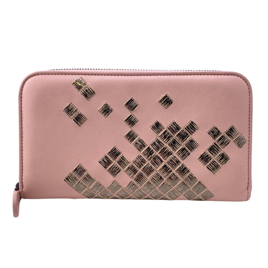 BOTTEGAVENETA Long Wallet Purse leather pink Zip Around INTRECCIATO Women Used Authentic