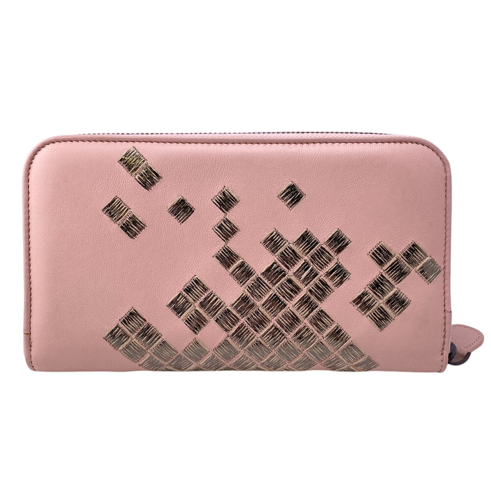 BOTTEGAVENETA Long Wallet Purse leather pink Zip Around INTRECCIATO Women Used Authentic