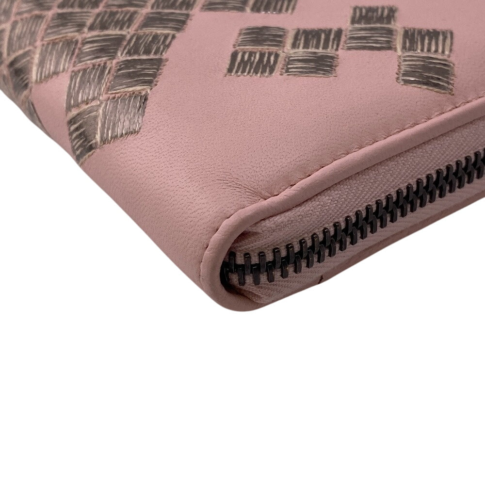 BOTTEGAVENETA Long Wallet Purse leather pink Zip Around INTRECCIATO Women Used Authentic
