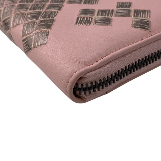 BOTTEGAVENETA Long Wallet Purse leather pink Zip Around INTRECCIATO Women Used Authentic
