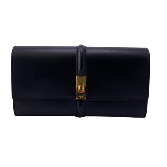 CELINE Long Wallet Purse leather black Turn lock 16 saises Women Used Authentic
