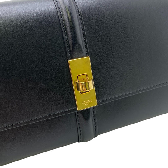 CELINE Long Wallet Purse leather black Turn lock 16 saises Women Used Authentic