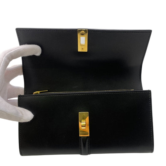 CELINE Long Wallet Purse leather black Turn lock 16 saises Women Used Authentic