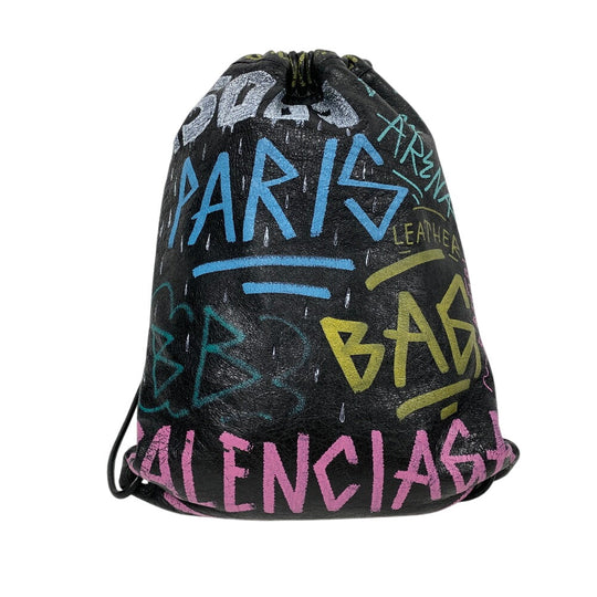 BALENCIAGA Backpack 581779 leather black Drawstring Graffiti mens Used Authentic