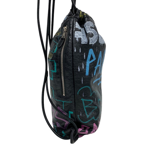 BALENCIAGA Backpack 581779 leather black Drawstring Graffiti mens Used Authentic
