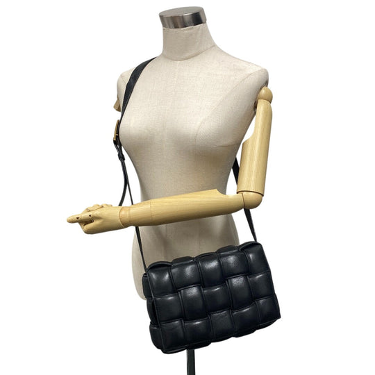 BOTTEGAVENETA Shoulder Bag leather black Padded cassette INTRECCIATO Women Used Authentic