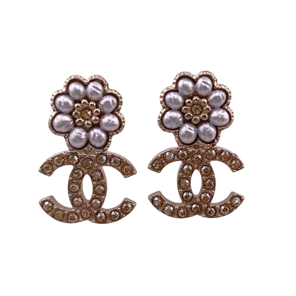 CHANEL Pierce B22K Rhinestones , Faux Pearls gold COCO Mark Women Used Authentic