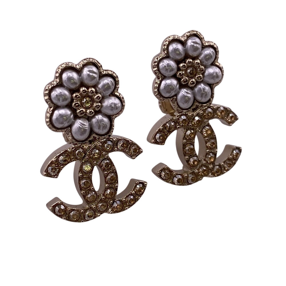 CHANEL Pierce B22K Rhinestones , Faux Pearls gold COCO Mark Women Used Authentic