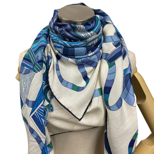 HERMES Stall Cashmere, Silk blue Caregean Fermata Women Used Authentic
