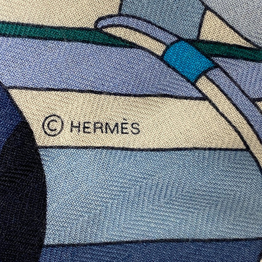 HERMES Stall Cashmere, Silk blue Caregean Fermata Women Used Authentic
