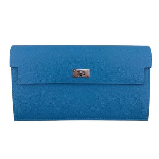 HERMES Long Wallet Purse Epsom Blue gene long kelly pocket Women Used Authentic