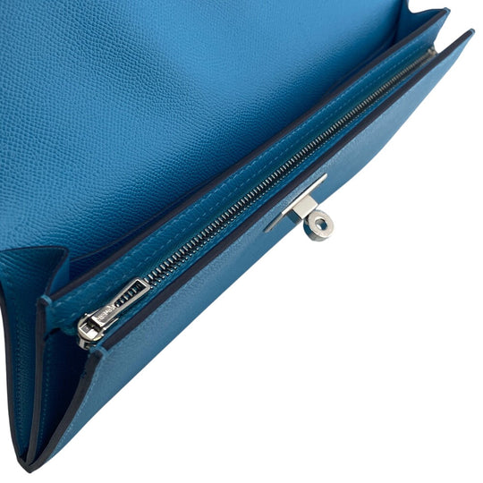 HERMES Long Wallet Purse Epsom Blue gene long kelly pocket Women Used Authentic