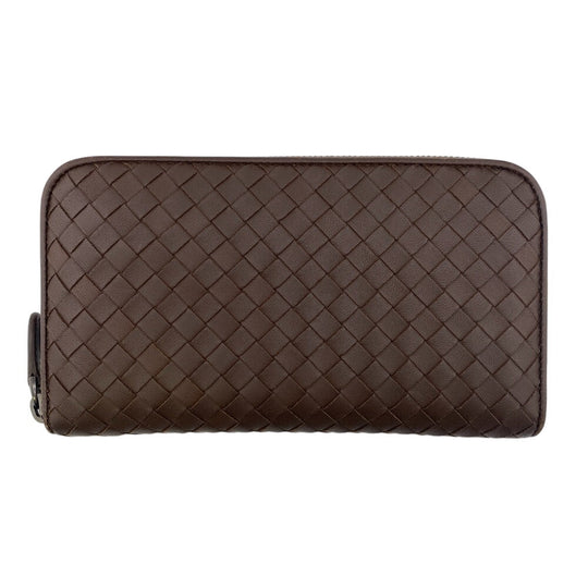 BOTTEGAVENETA Long Wallet Purse leather Brown Zip Around INTRECCIATO mens Used Authentic