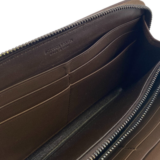 BOTTEGAVENETA Long Wallet Purse leather Brown Zip Around INTRECCIATO mens Used Authentic