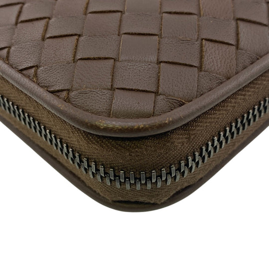 BOTTEGAVENETA Long Wallet Purse leather Brown Zip Around INTRECCIATO mens Used Authentic