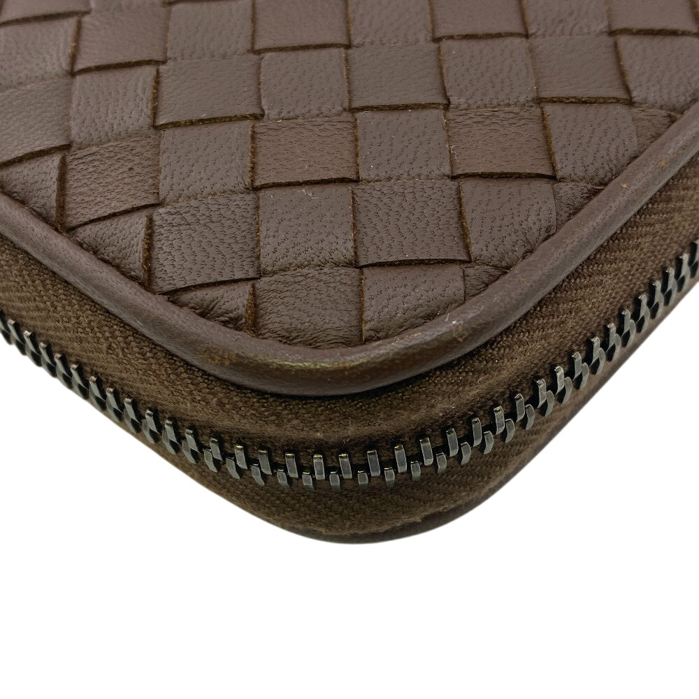 BOTTEGAVENETA Long Wallet Purse leather Brown Zip Around INTRECCIATO mens Used Authentic