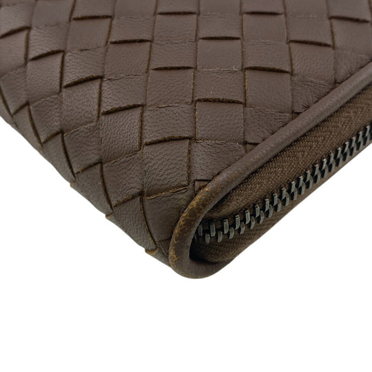 BOTTEGAVENETA Long Wallet Purse leather Brown Zip Around INTRECCIATO mens Used Authentic