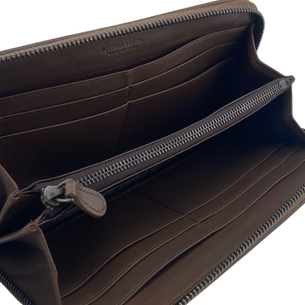 BOTTEGAVENETA Long Wallet Purse leather Brown Zip Around INTRECCIATO mens Used Authentic