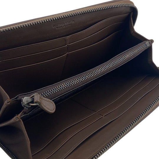 BOTTEGAVENETA Long Wallet Purse leather Brown Zip Around INTRECCIATO mens Used Authentic