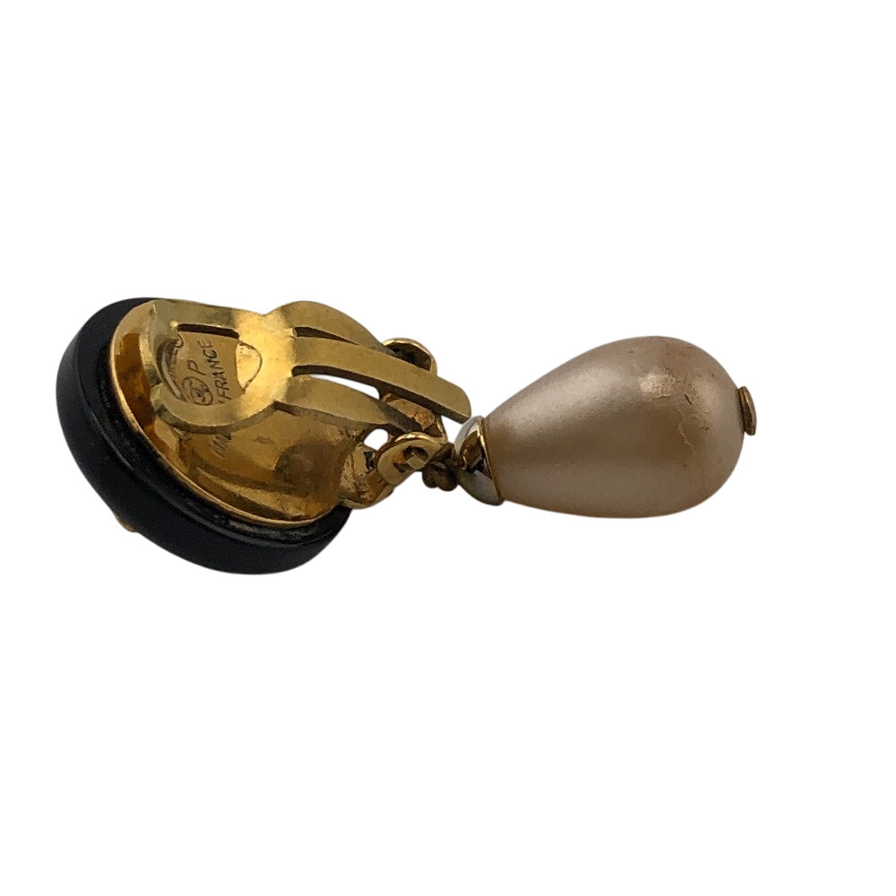 CHANEL Earring 95P Gold Plated, Faux Pearl black COCO Mark Women Used Authentic