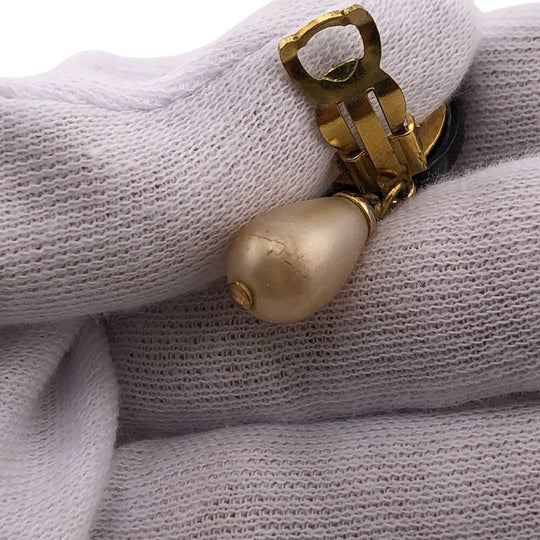 CHANEL Earring 95P Gold Plated, Faux Pearl black COCO Mark Women Used Authentic