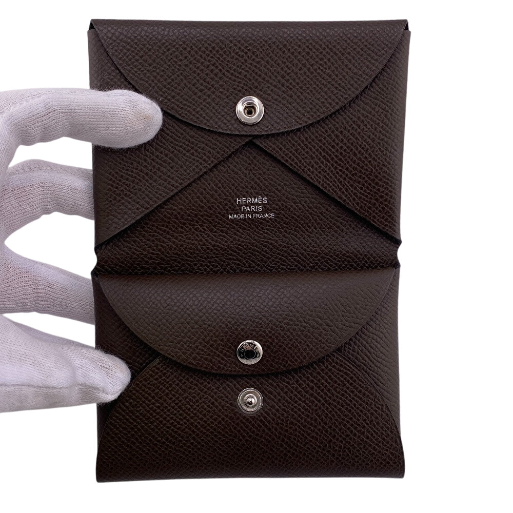 HERMES Coin case Epsom Brown SilverMetal Calvi duo mens(Unisex) Used Authentic