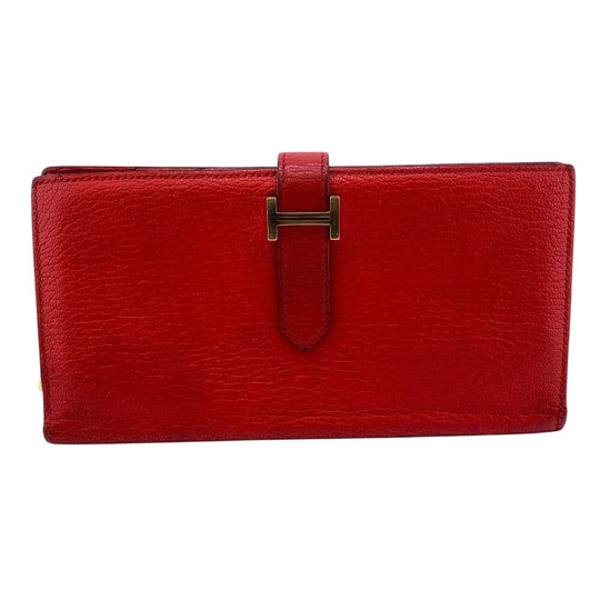 HERMES Long Wallet Purse Chevre Misol Red Beansufla Women Used Authentic