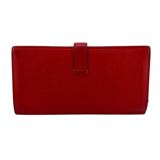 HERMES Long Wallet Purse Chevre Misol Red Beansufla Women Used Authentic