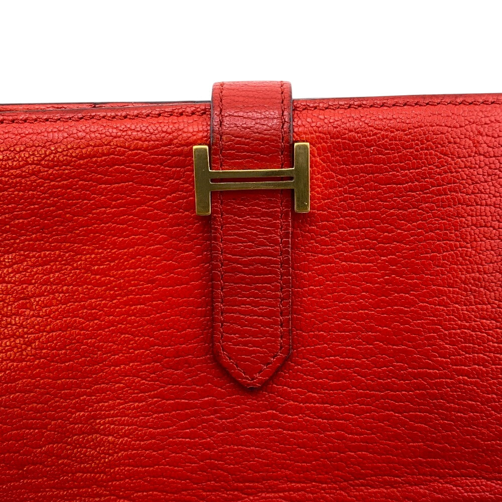 HERMES Long Wallet Purse Chevre Misol Red Beansufla Women Used Authentic