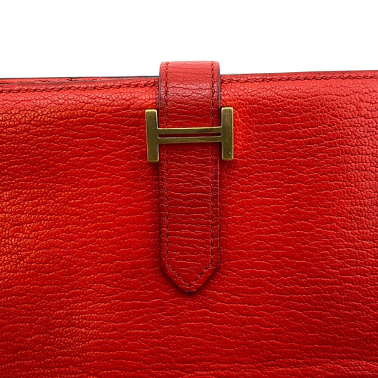 HERMES Long Wallet Purse Chevre Misol Red Beansufla Women Used Authentic