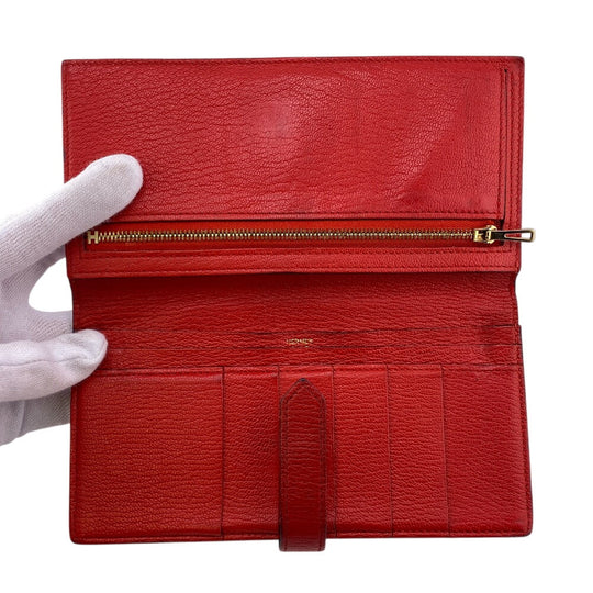 HERMES Long Wallet Purse Chevre Misol Red Beansufla Women Used Authentic