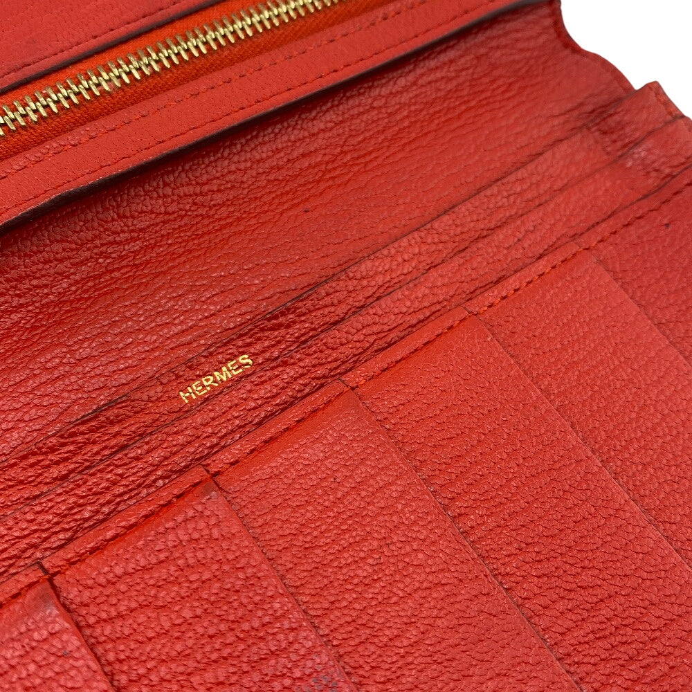 HERMES Long Wallet Purse Chevre Misol Red Beansufla Women Used Authentic