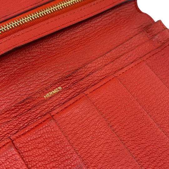 HERMES Long Wallet Purse Chevre Misol Red Beansufla Women Used Authentic