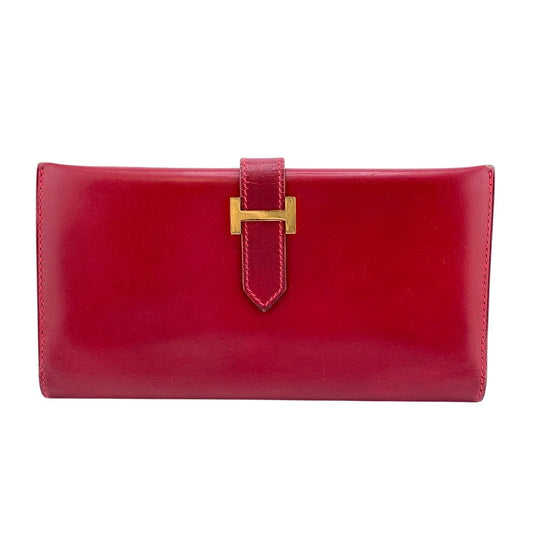 HERMES Long Wallet Purse Box scarf Red Gold Metal Baan classic Women Used Authentic